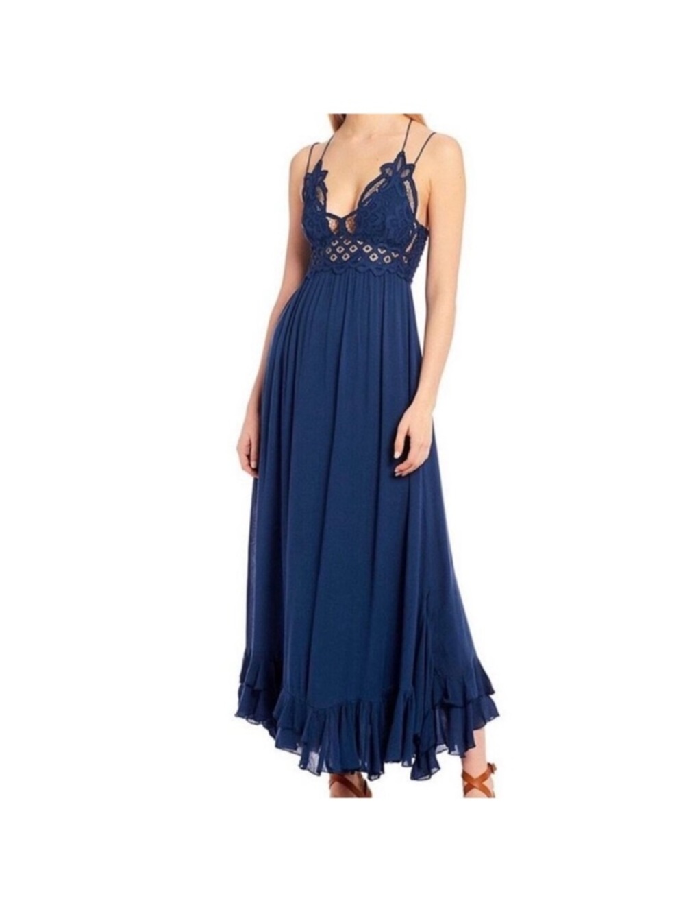 Navy Lace-Trim Maxi Dress with Spaghetti Straps